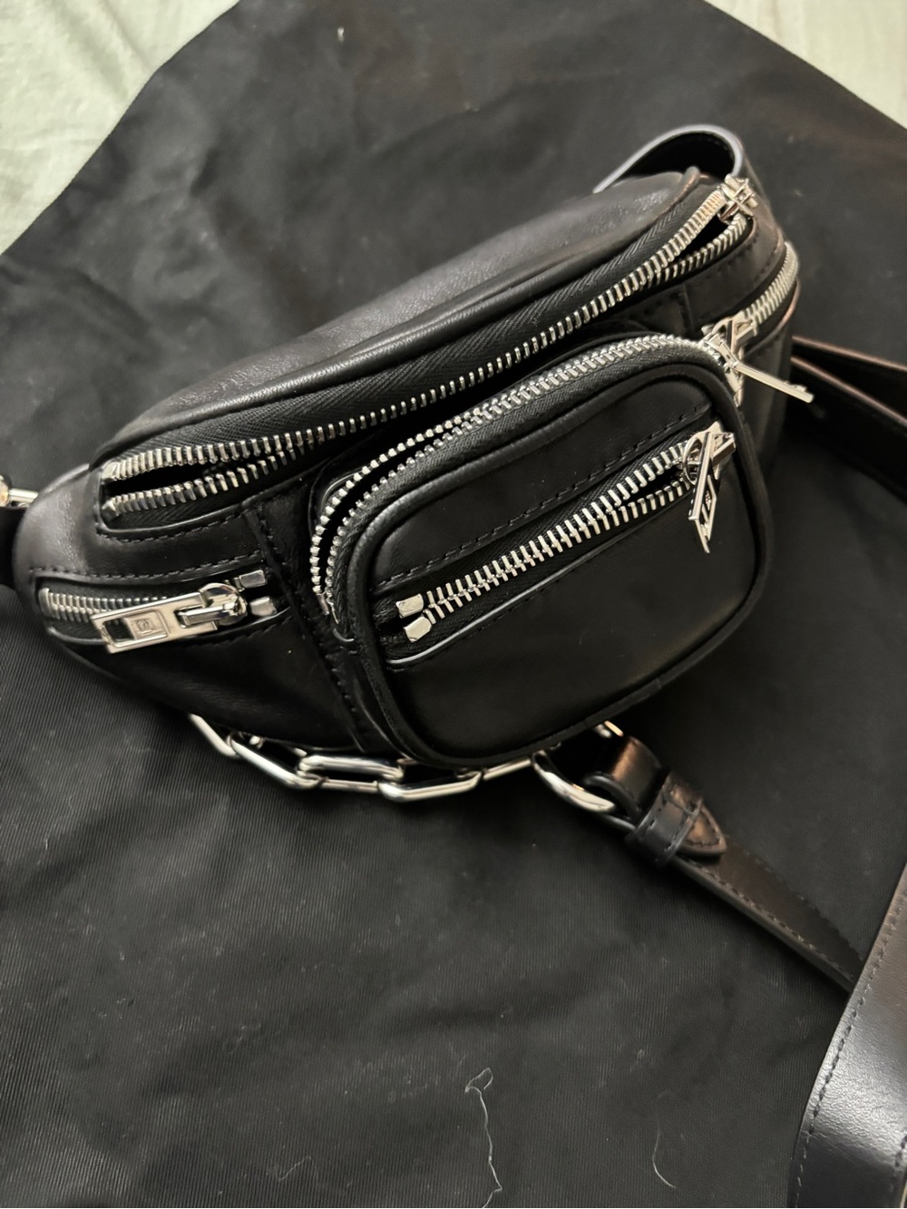 NEW Alexanderwang Black Leather Crossbody Waist Bag with Silver Zippers